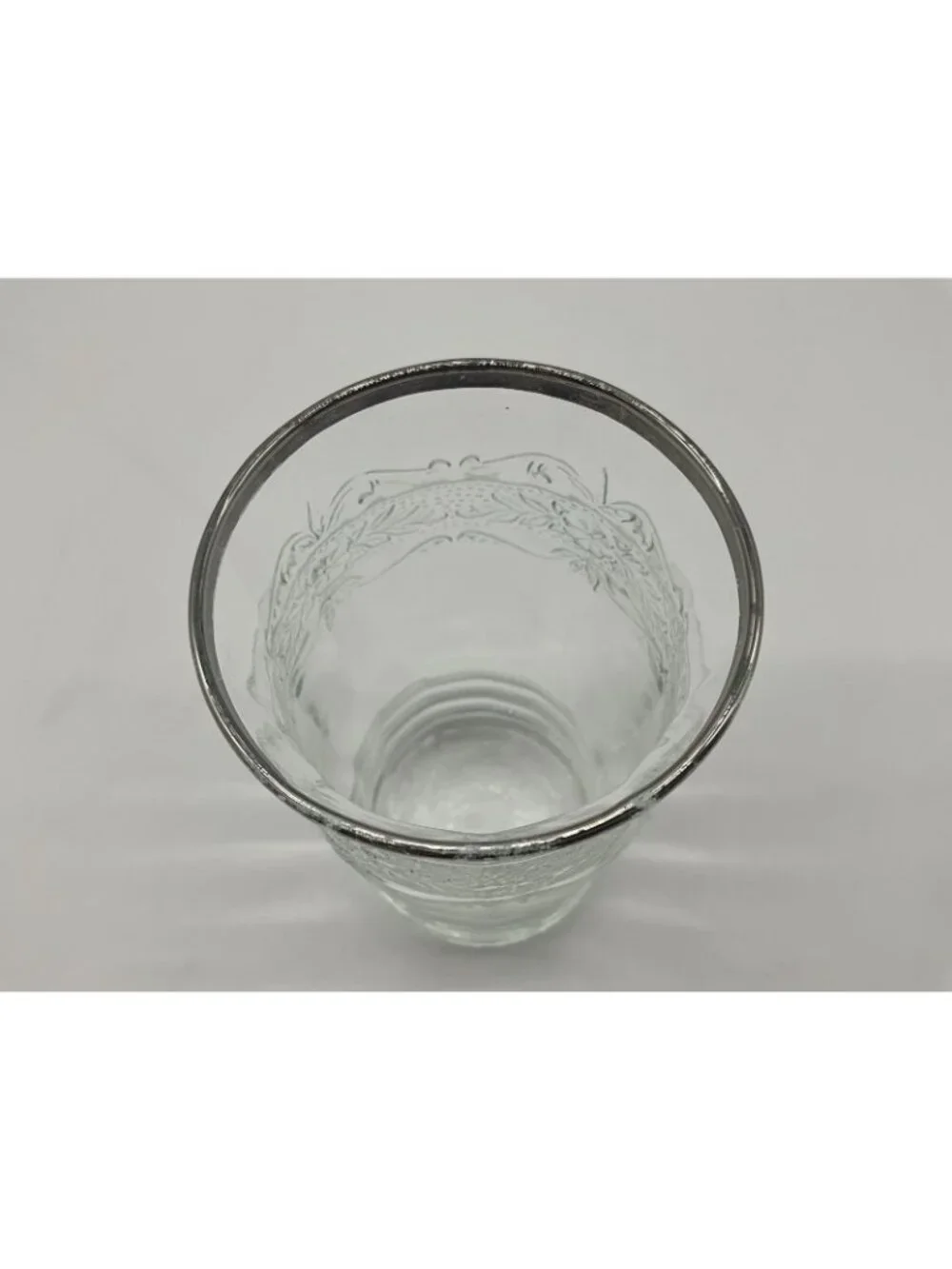 MacBeth -Evans Strippled Rose Band Clear Depression Glass Tumbler w/silver Rim